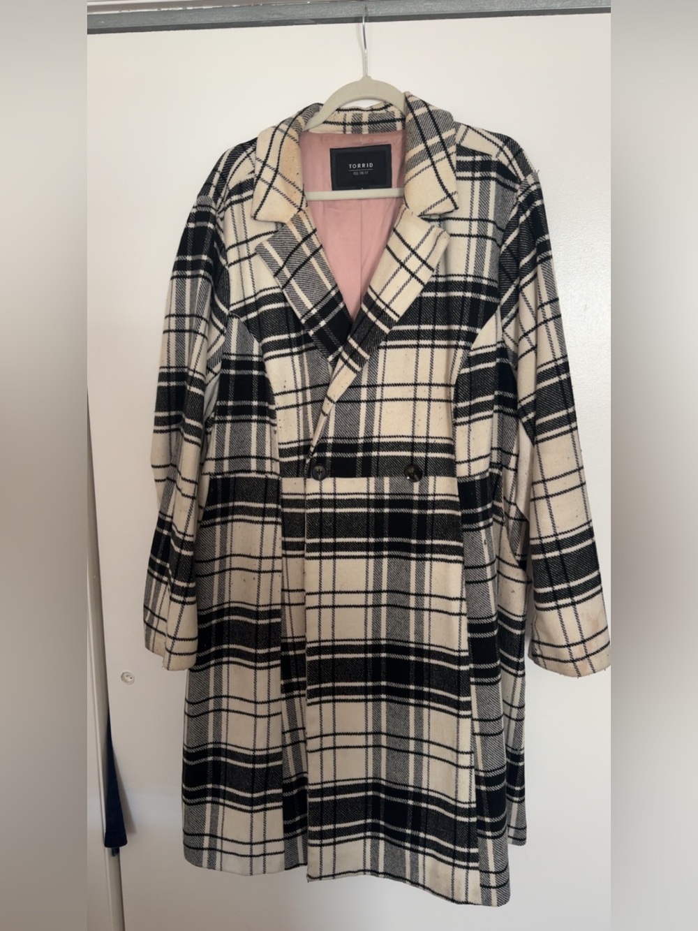Torrid Black & Cream Plaid Double-Breasted Pea Coat